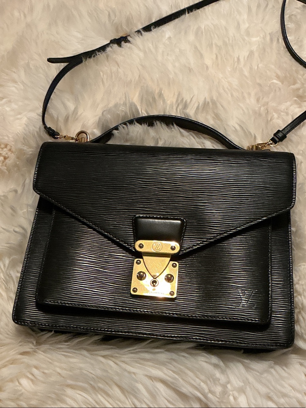 Louis Vuitton Black Epi Leather Top-Handle Monceau 28 with Gold Hardware